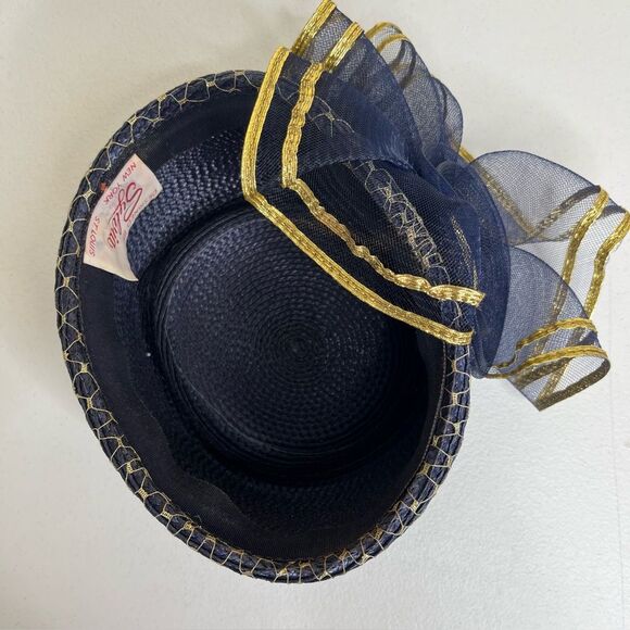 Vintage 80s Sylvia Church Lady Hat Navy Gold Metallic Mesh Netting Union Made US main image 8